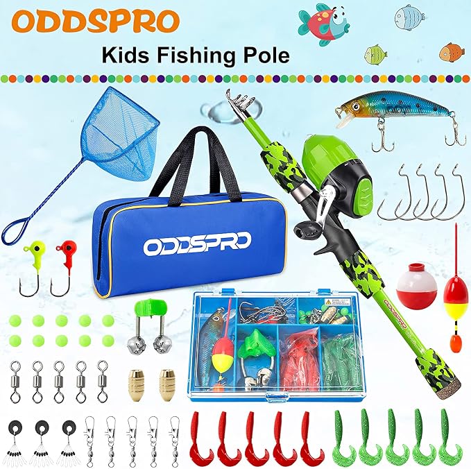 ODDSPRO Kids Fishing Pole Pink, Portable Telescopic Fishing Rod and Reel Combo