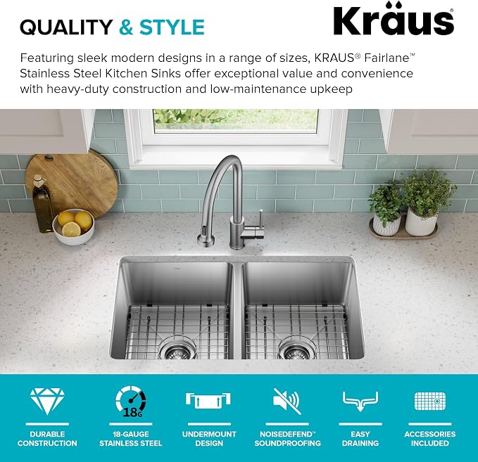 KRAUS Fairlane 33-inch Undermount Double Bowl 18-Gauge Stainless Steel Kitchen