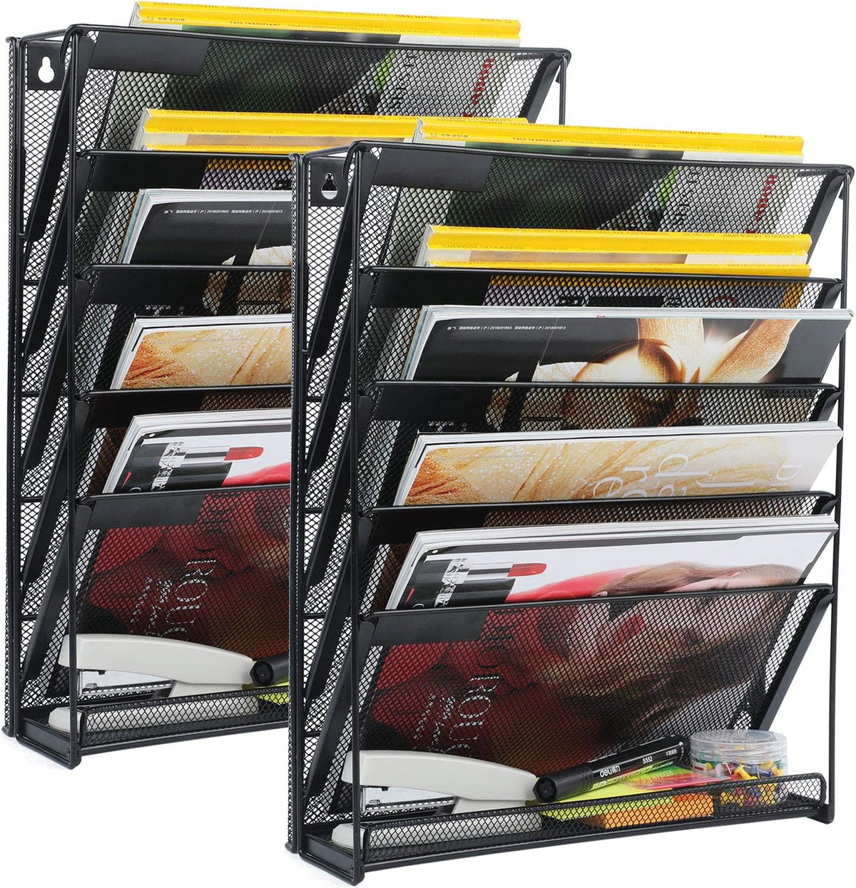 samstar 2 Pack Wall File Organizer, 6-Tier Wall Mount Paper Holder Vertical File Rack for Office Home, Black.
