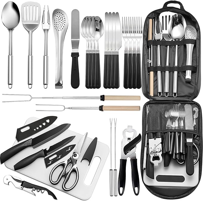 Portable Camping Kitchen Utensil Set-27 Piece Cookware Kit, Stainless Steel