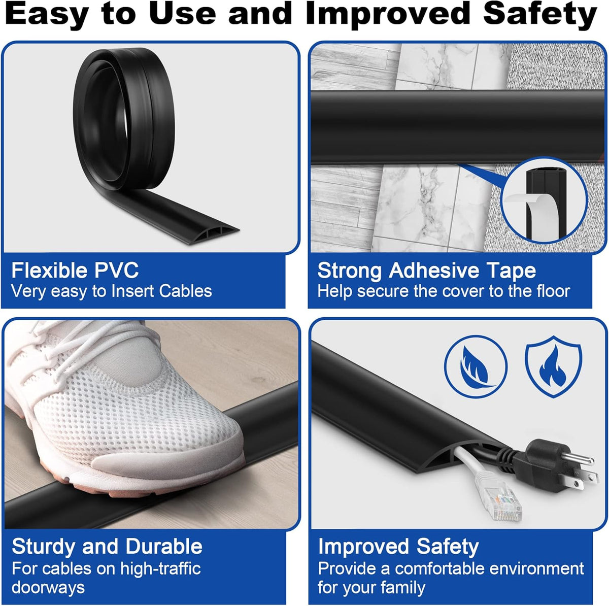 6ft Cord Covers - Grey Floor Cable Management, Hide Cord Cover, Electrical Cable Hider - Cavity: 0.78" W x 0.32" H