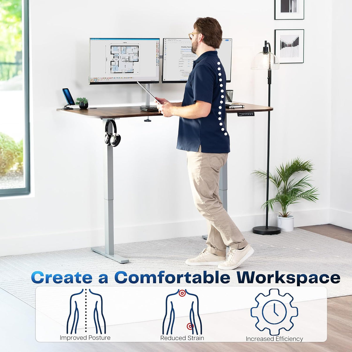 VIVO Electric 63 x 32 in Rustic Standing Desk, Memory Height Adjustment, 1B Series, Vintage Brown Top Gray Frame, DESK-KIT-1G1N