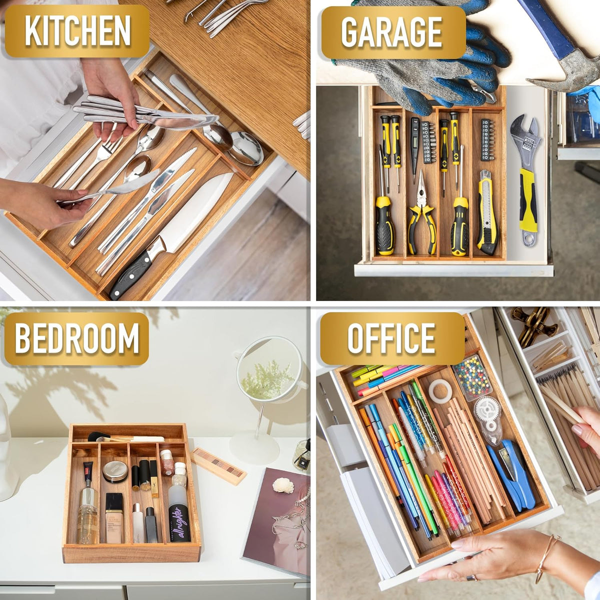 Silverware Organizer Acacia Kitchen Drawer Organizer Utensil Organizer Silverware Holder Cutlery Organizer in drawer Flatware Organizer Tray (Acacia 5 Slots)