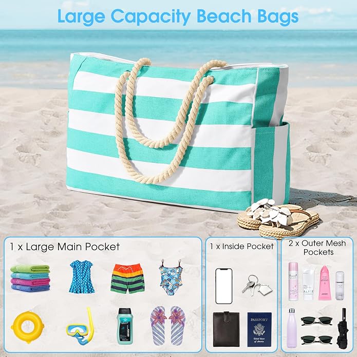 Becokan Beach Bags for Women Large Waterproof Beach Tote Bag Zipper Beach Bags