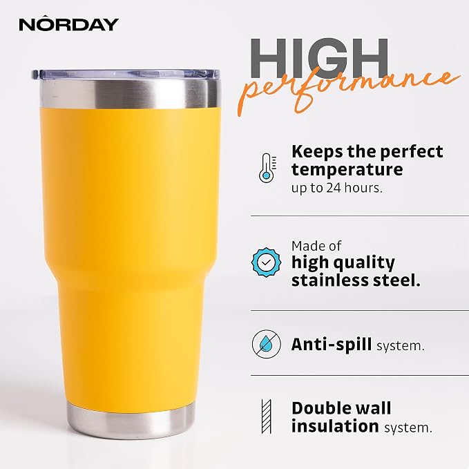 NORDAY | Tumbler with Lid - 30oz - Yellow Insulated Tumbler - Stainless Steel