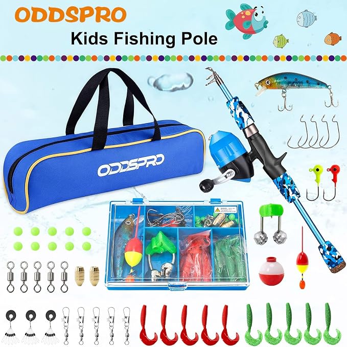 ODDSPRO Kids Fishing Pole Pink, Portable Telescopic Fishing Rod and Reel Combo