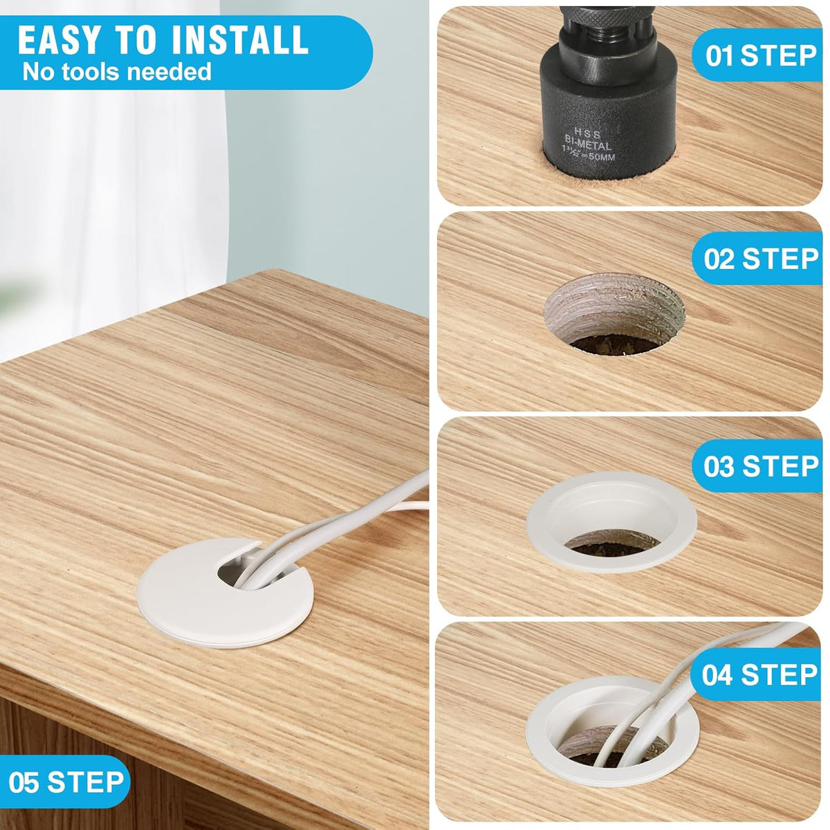 2" White Desk Grommet with Bi-Metal Hole Saw, JTemgle Plastic Cable Hole Cover Computer Table Cord Wire Organizer Caps, Desktop Cord Management for Home Office TV Stands Tabletops, 7 Pieces