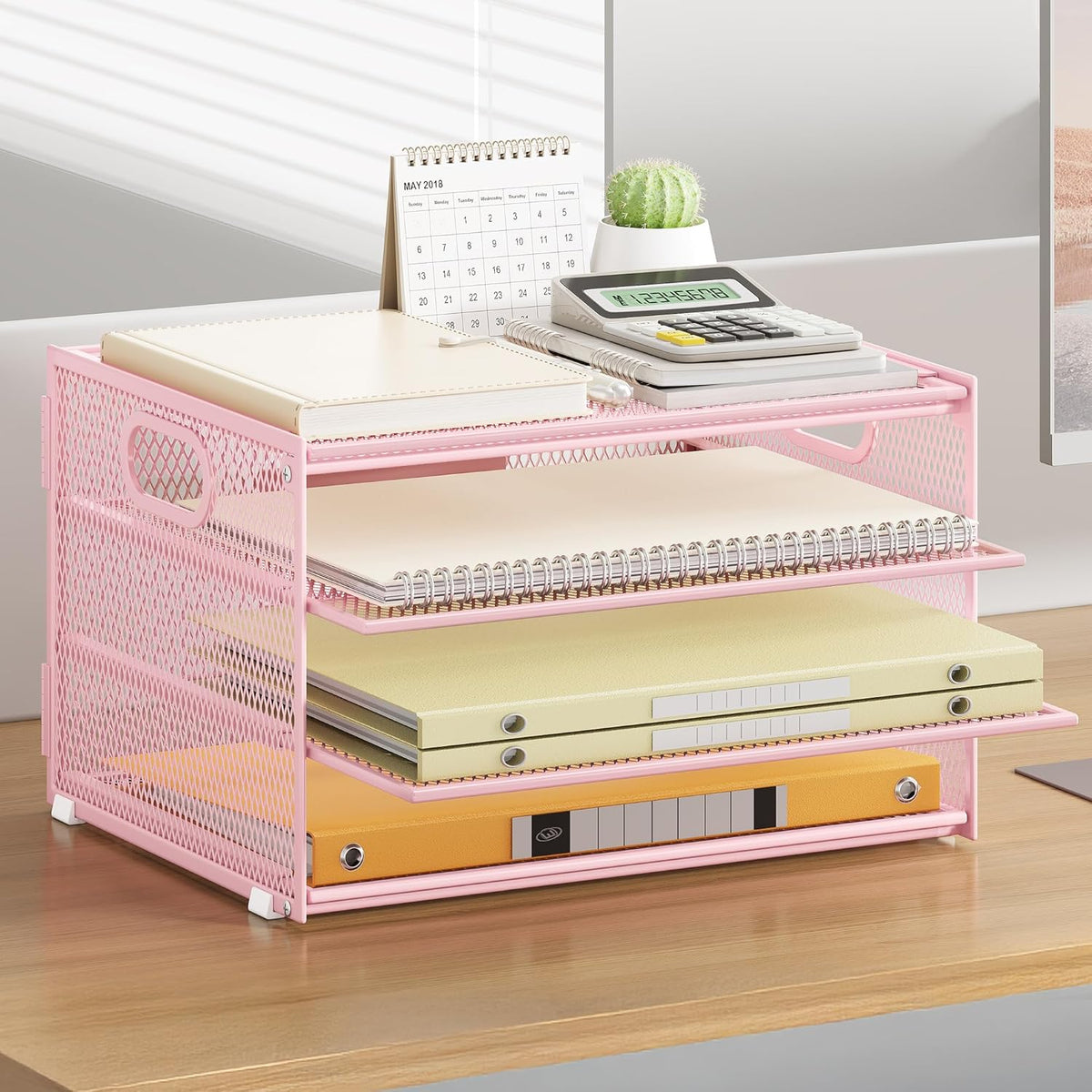Subekyu Paper Letter Tray Organizer for Desk, Pink Metal Mesh Desk File Sorter Organizer with Handle and 2 Sliding Trays for Home Office School Supplies Organization