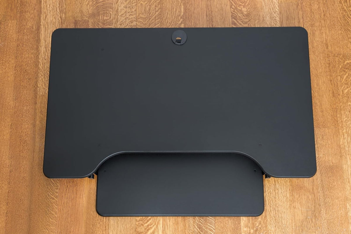 Rocelco 40" Height Adjustable Standing Desk Converter with AC Outlet and USB Charger - Gas Spring Sit Stand Up Dual Monitor Tabletop Riser Workstation - Large Keyboard Tray - Black (R DADRB-40-ACUSB)