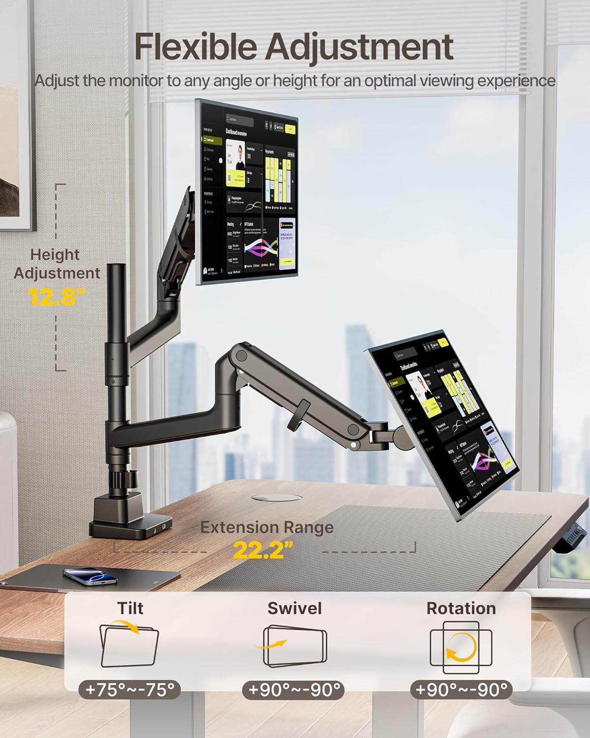monTEK 17-57 Inch Dual Ultrawide Monitor Arm for Up to 59.4lbs Screen, Aluminum Heavy-Duty Gas Spring Vertical Stackable Curved Screen Adjustable Monitor Stand,75/100mm Vesa Mount, Black