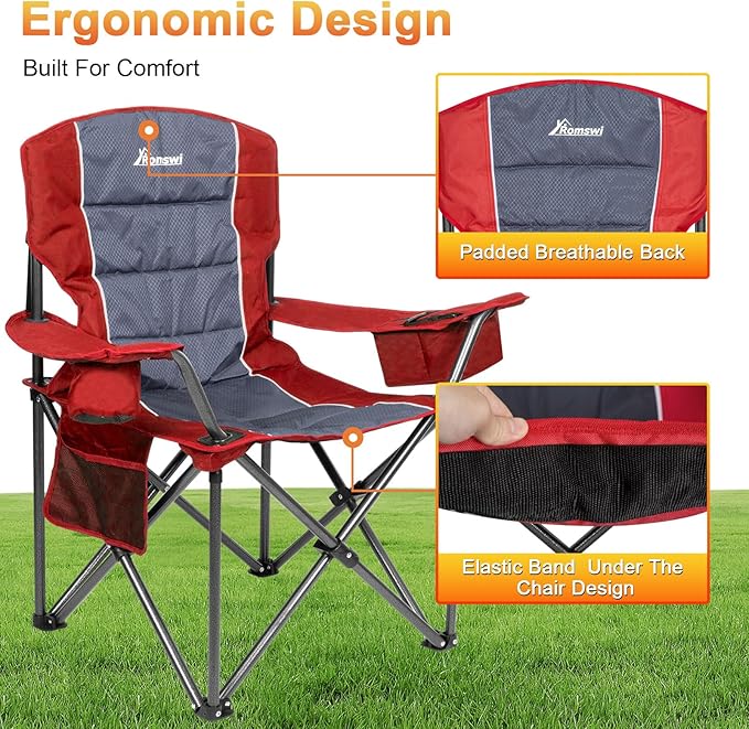 Romswi Oversized Camping Chairs, Heavy Duty Support 500 LBS, Padded Back & Arm