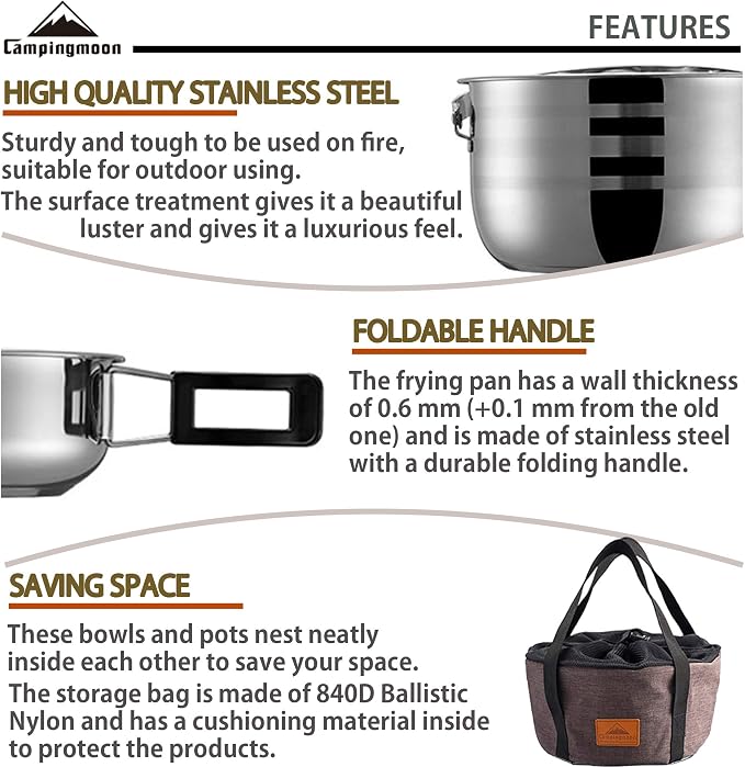 CAMPINGMOON Camping Cookware Set Stainless Steel Outdoor Nesting Cooking Mess