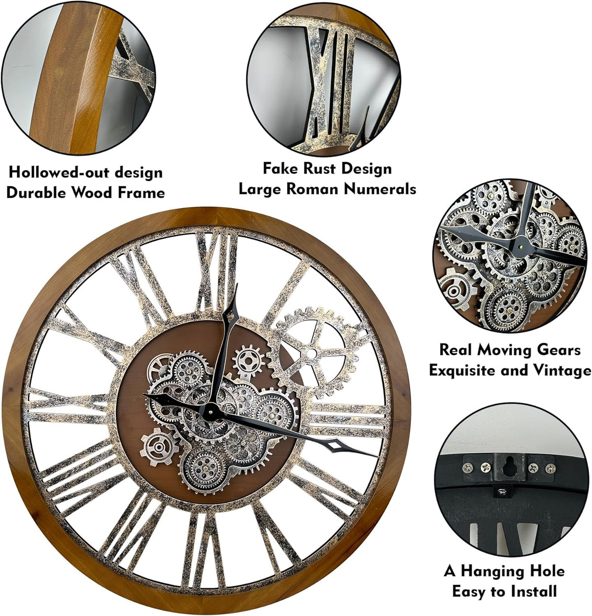 The B-Style Large Real Moving Gears Wall Clock 30 inch Rustic Retro Industrial Farmhouse Wood Clock Oversized Decorative Vintage Wall Clocks for Living Room (Drak Brown and Bronze)