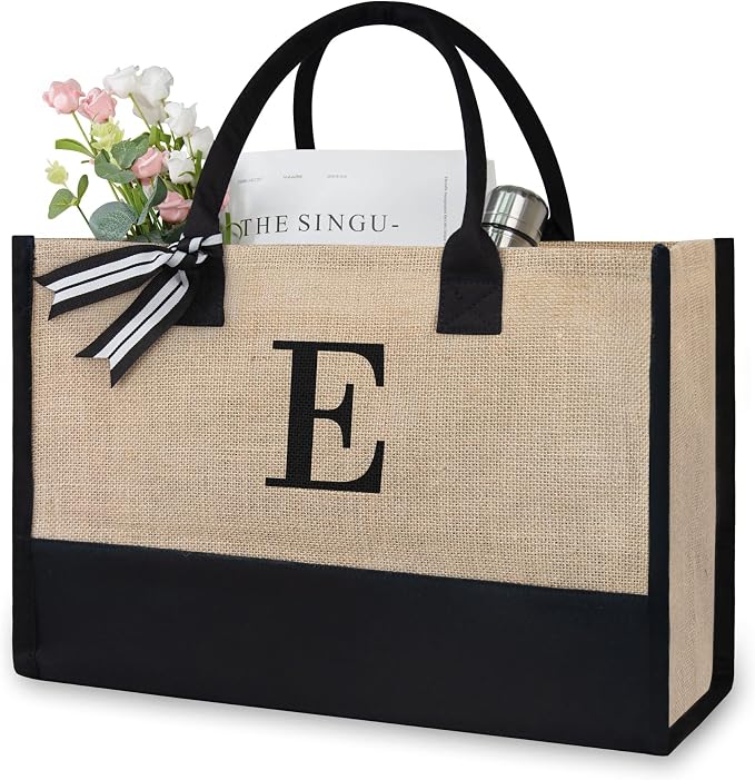 TOPDesign Initial Jute/Canvas Tote Bag, Personalized Present Bag, Suitable