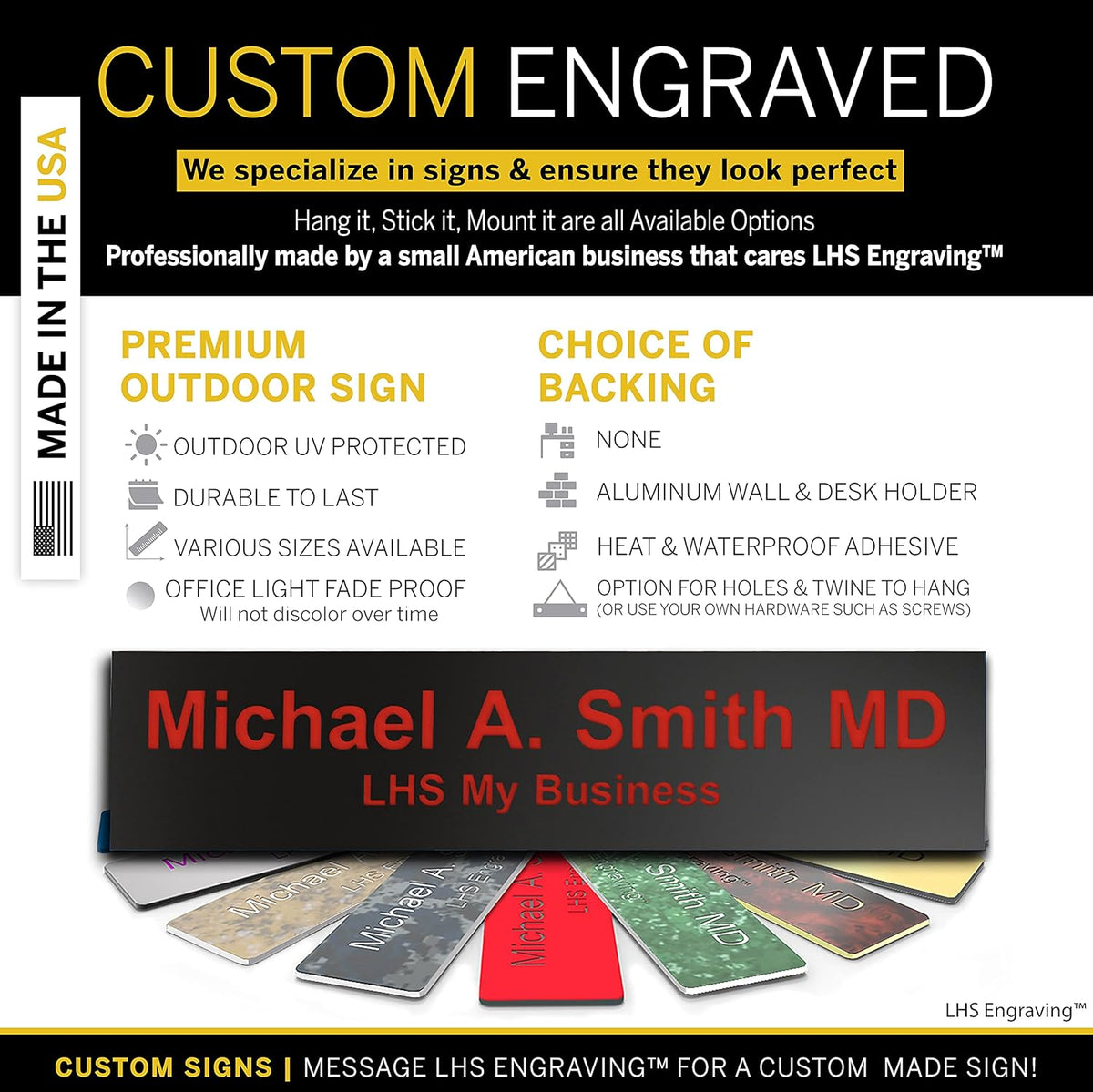 Engraved Name Plates for Door Sign Personalized Black Plastic Plaque with Red Letters - Made in USA 2x8 B19