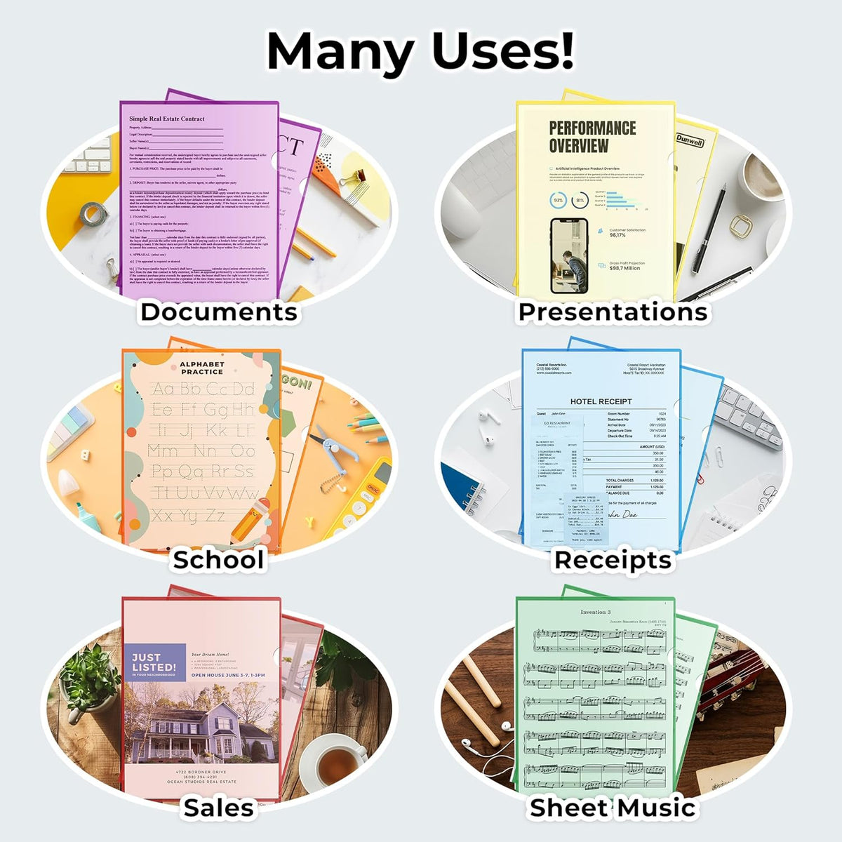 Dunwell Clear Folders for Documents, Plastic 8.5x11 File Sleeves for Document Protection, Filing, Storage, Organization (6 Pack) Colorful Folders with Pockets, Durable Letter Size Document Holder