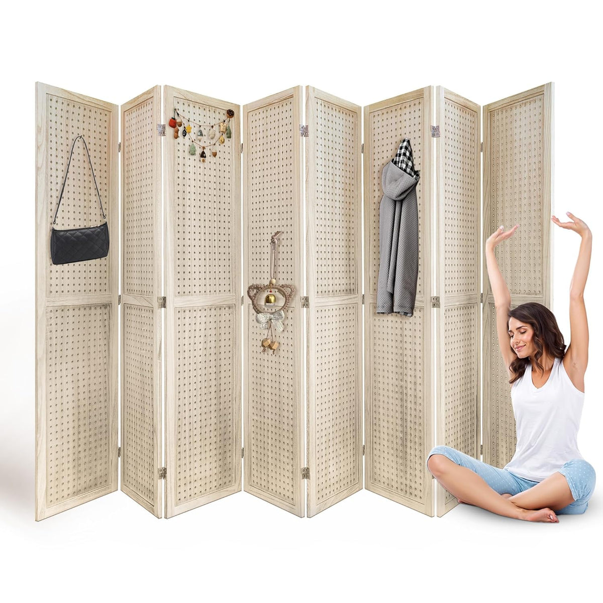 8 Panel Room Divider, 5.6FT Folding Room Divider Screen, Free Assembled Freestanding Partition for Home Office Bedroom, Tan