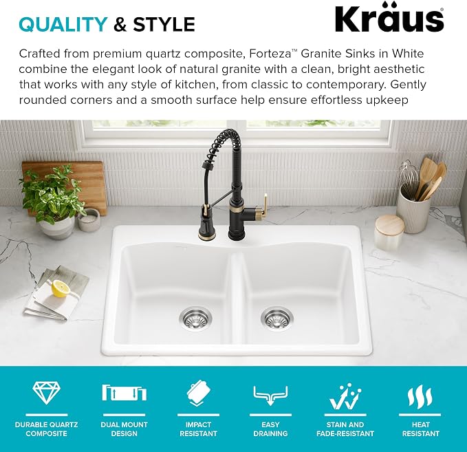 KRAUS Forteza 33-inch Granite Drop In/Undermount 50/50 Double Bowl White