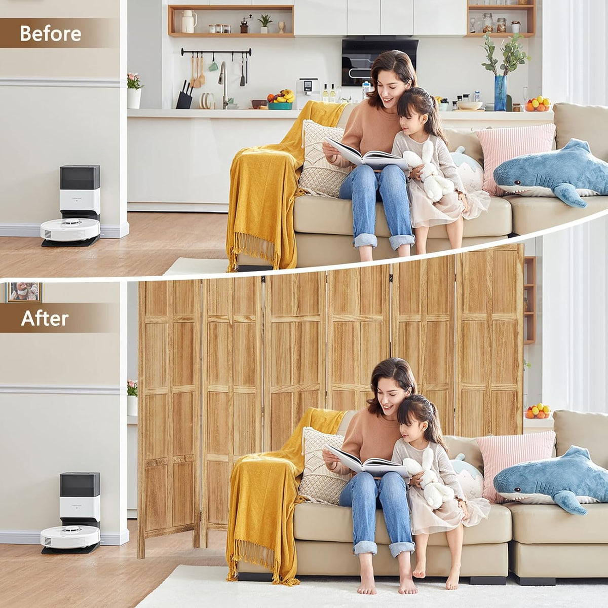 6 Panel Room Divider and Folding Privacy Screens, 5.6Ft Wood Room Dividers, Room Divider Wall Freestanding, Room Dividers Screen for Home Office Restaurant Bedroom, Light Brown