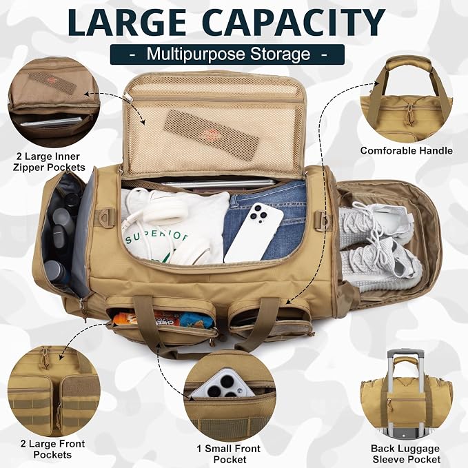 Tactical Gym Bag for Men，70L Large 3 in 1 Sports Duffle Bag