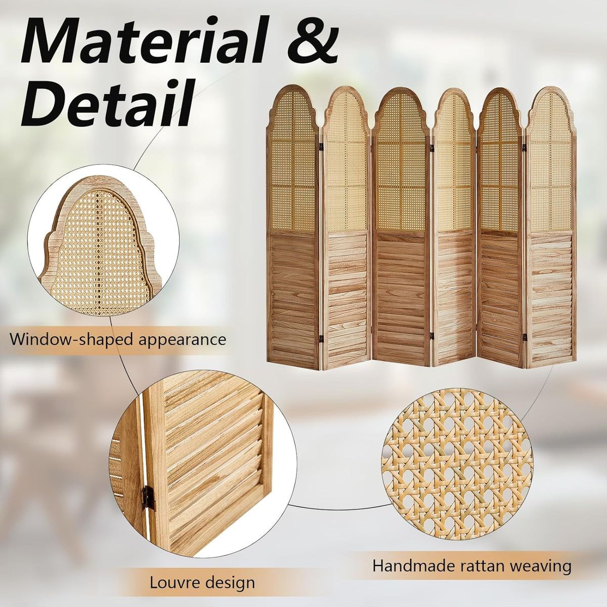 6 Panel Rattan Room Divider Panel, 5.6Ft Partitionsand Dividers, Louvered Partition Divider, Room Dividers Screen, Solid Wood Frame, Folding Screen, Bedroom, Family Room, Light Brown