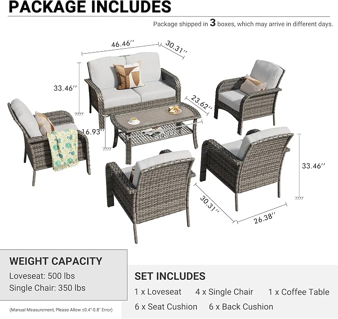 HOOOWOOO Patio Furniture Set, 6 Pieces Outdoor Conversation Set, All Weather