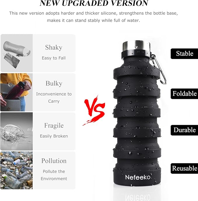 Nefeeko Collapsible Water Bottle, Reuseable BPA Free Silicone Foldable Water