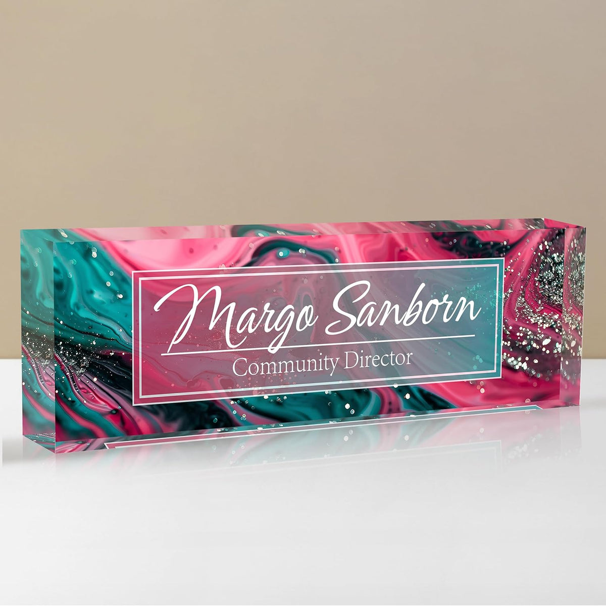 Personalized Name Plate for Desk, Custom Desk Name Plate, Acrylic Name Plate Office Desk Accessories, Personalized Office Gifts for Coworkers Teachers, Employee Appreciation Gifts (C-Teal Spark)
