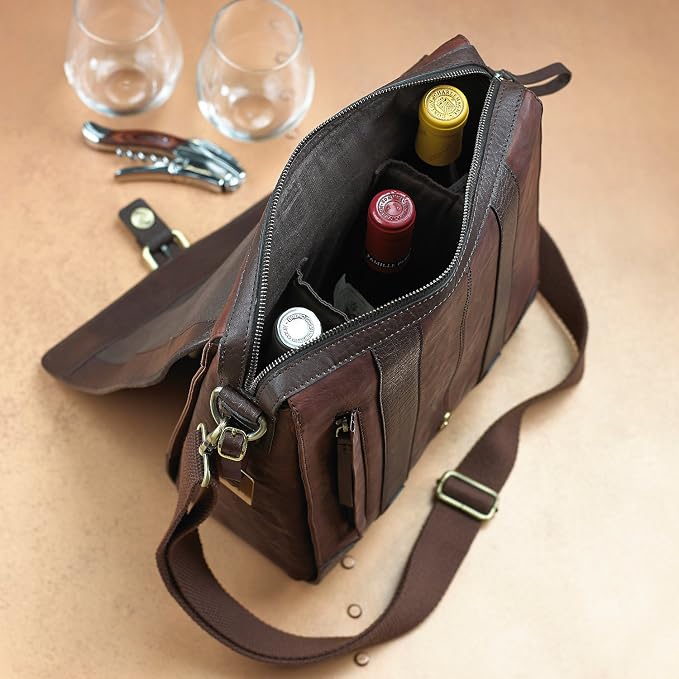 Wine Enthusiast 3-Bottle Leather Wine Tote Bag | Handcrafted Leather Wine
