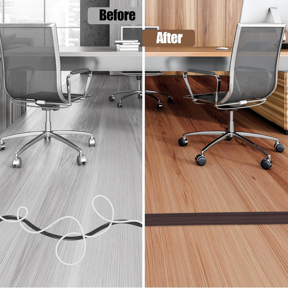 Floor Cord Cover Self Adhesive Cord Hider,3.3FT Cable Management, Extension Strip Protector for Wires, Prevent Cable Trips for Offices, Gyms, Exhibitions Cavity:0.39"(W) x 0.27"(H) Black Wood