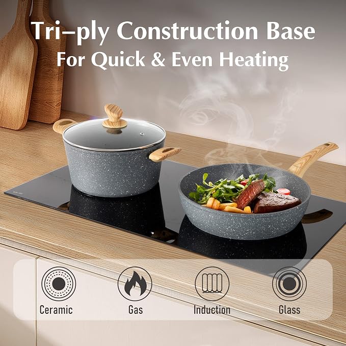MAISON ARTS Pots and Pans Set Non Stick, 12 Piece Grey Granite Kitchen Cookware