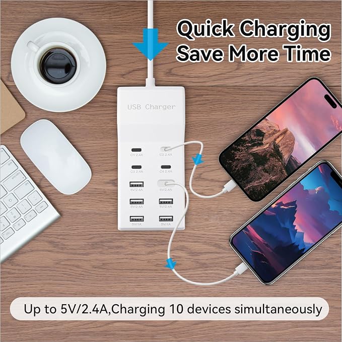 USB Charging Station, 10 Ports Family-Sized USB C Charger Block, USB Power Strip