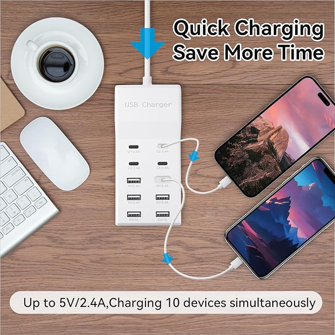 USB Charging Station, 10 Ports Family-Sized USB C Charger Block, USB Power Strip