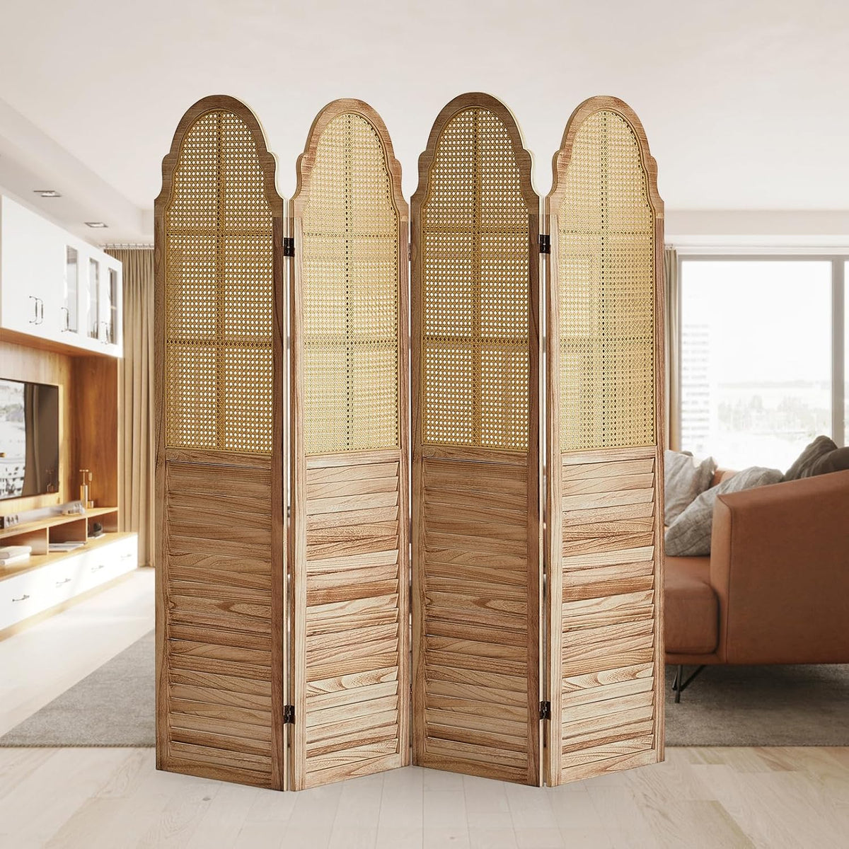 4 Panel Rattan Folding Screen Room Divider, Privacy Dividers for Rooms, Louvered Partition Dividers, Room Divider Panel for Bedroom, Dressing Room, Balcony, Light Brown