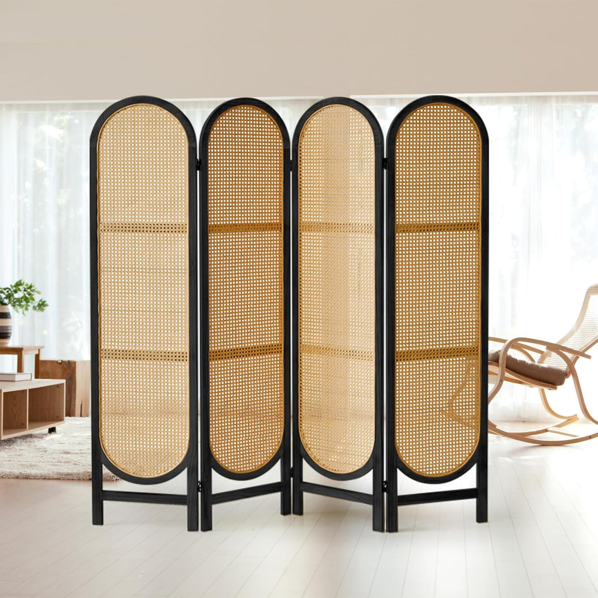 4 Panels Room Dividers and Hand-Woven Rattan Room Divider Wall, Wood Room Divider Folding Privacy Screens for Home Office Bedroom, Black