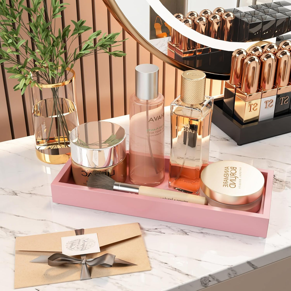 Bathroom Perfume Tray for Candle Trinket, Decor Vanity Trays for Countertop Nightstand Toilet Tank Counter Dresser Bedroom, Decorative Wooden Rectangle Holder for Skincare Cosmetic Accessory, Pink
