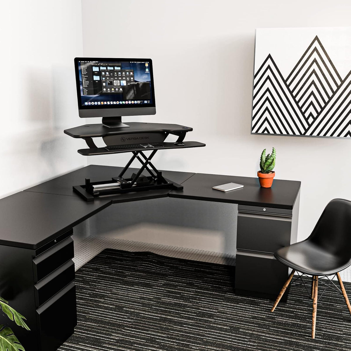 VERSADESK® PowerPro™ 36" Corner Standing Desk Converter, 36 Inch Motorized Height-Adjustable Standup Desk Riser Sit to Stand Desktop with Keyboard and Mouse Tray + USB Charging Port, Black