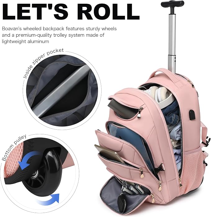Boavan Rolling Backpack for Women, 17.3 Inch Wheeled Laptop Backpack, Large