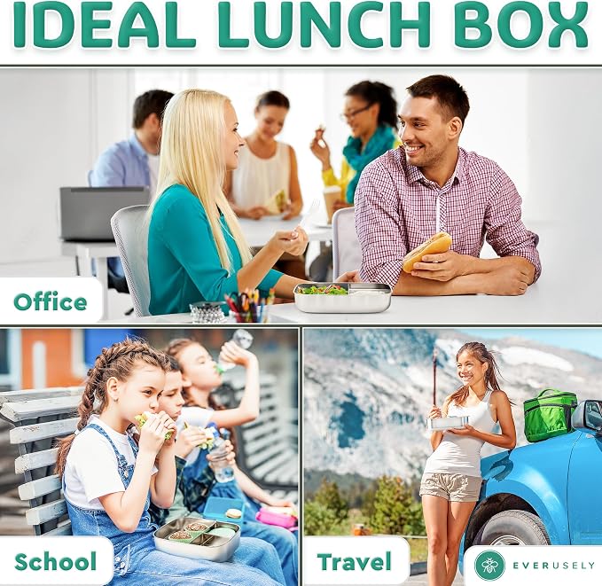 Everusely - Bento Box - Green, 60oz / 1.8 L - Stainless Steel Lunch Box - 3