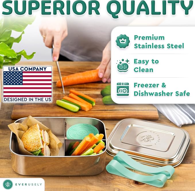 Everusely - Bento Box - Green, 60oz / 1.8 L - Stainless Steel Lunch Box - 3