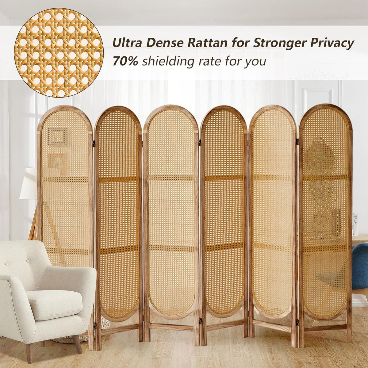 6 Panels Room Dividers and Hand-Woven Rattan Room Divider Wall, Wood Room Divider Folding Privacy Screens for Home Office Bedroom, Light Brown