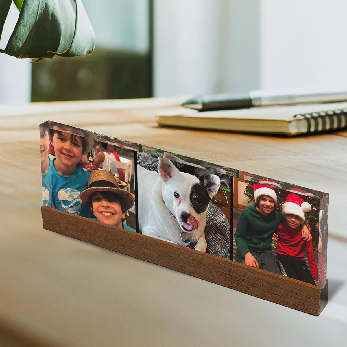 Artblox Personalized Office Desk Name Plate Custom Photo Prints On Acrylic Glass with Teak Wood Stand Turn Your Photos into Stunning Family Christmas Customized Gifts Desk Décor (10"x3")