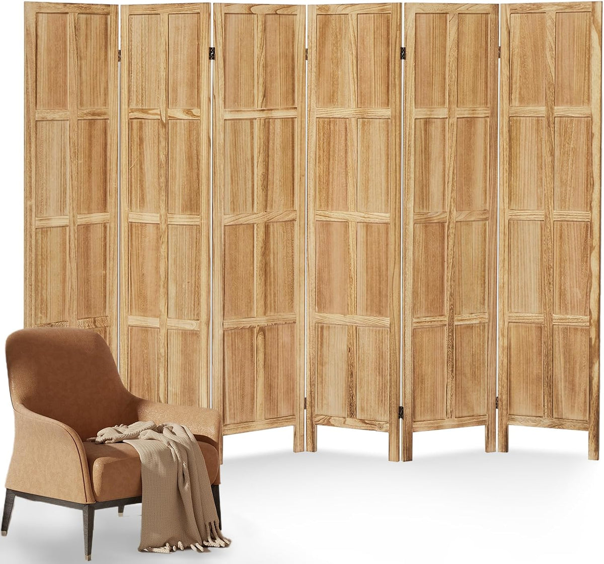6 Panel Room Divider and Folding Privacy Screens, 5.6Ft Wood Room Dividers, Room Divider Wall Freestanding, Room Dividers Screen for Home Office Restaurant Bedroom, Light Brown