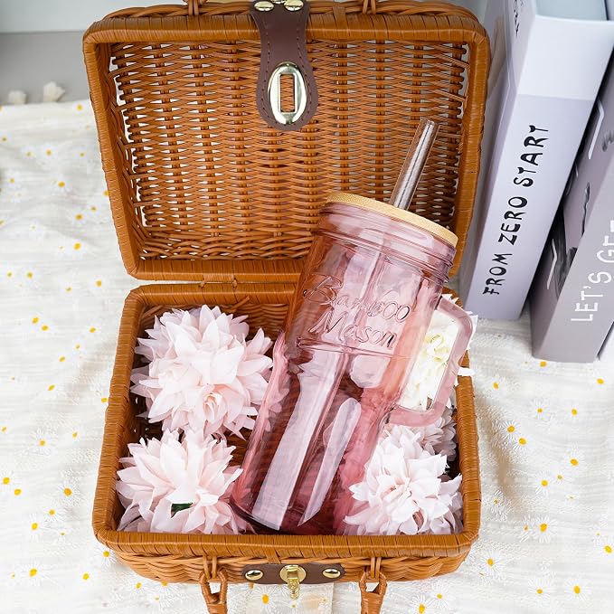 ANOTION Glass Cups with Handle, 24oz Glass Cups with Lids and Straws Travel Coffee Mug Bamboo Mason Jar Iced Cup Smoothie Tea Clear Cute Water Drinking Jars Glasses