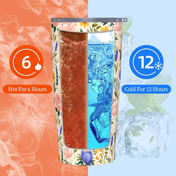 Floral Tumbler with Lid and Straw 20oz Vacuum Insulated Coffee Cup Stainless Steel Tumblers Leakproof Travel Mug Present for Women Men