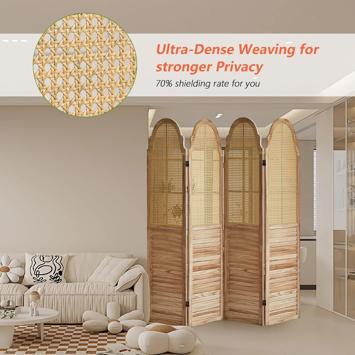 4 Panel Rattan Folding Screen Room Divider, Privacy Dividers for Rooms, Louvered Partition Dividers, Room Divider Panel for Bedroom, Dressing Room, Balcony, Light Brown