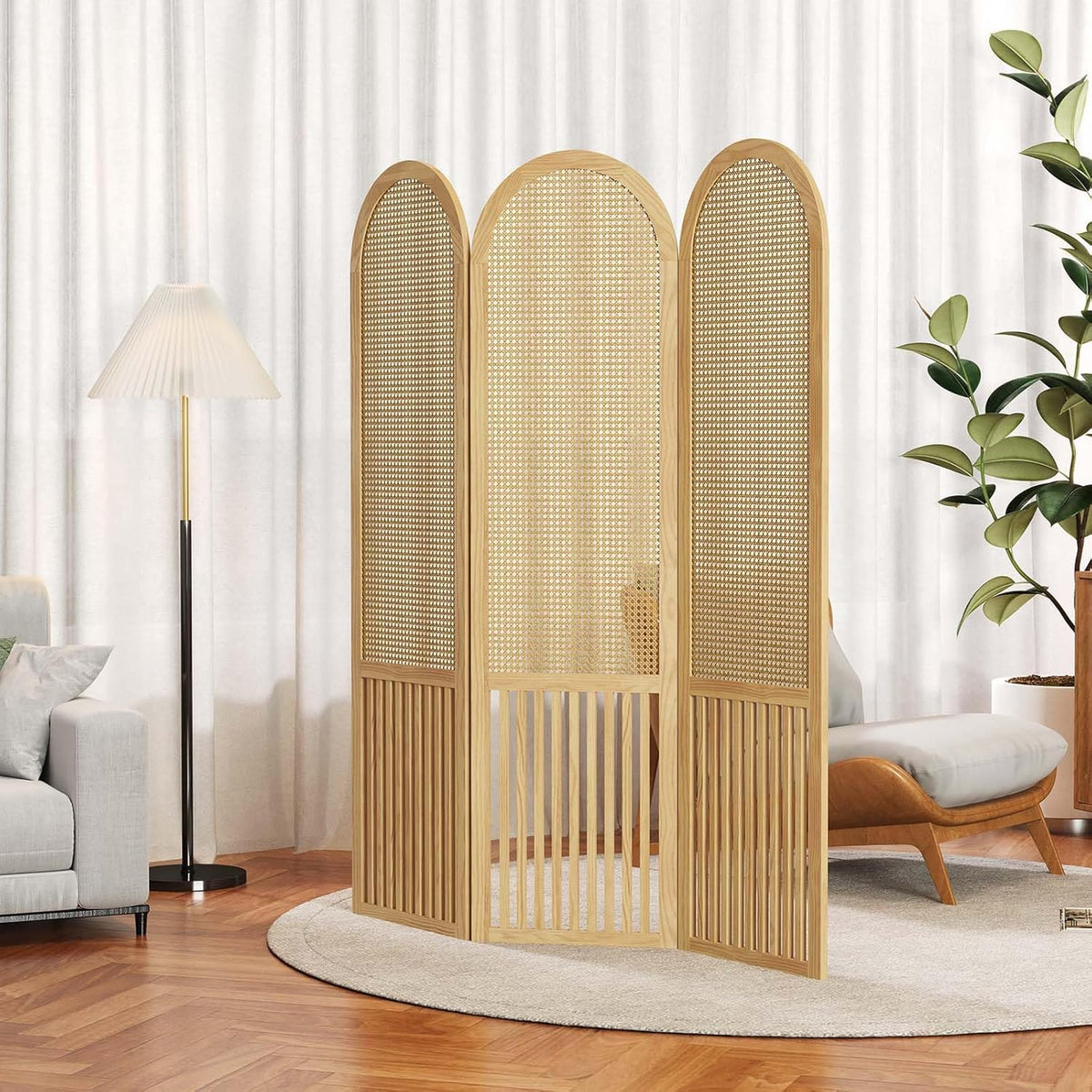 3-Panel Hand-Woven Rattan Room Divider, Tall Foldable Privacy Screen with Wooden Frame - Freestanding Portable Partition for Home Office, Bedroom, Bathroom(Natural-Pine)