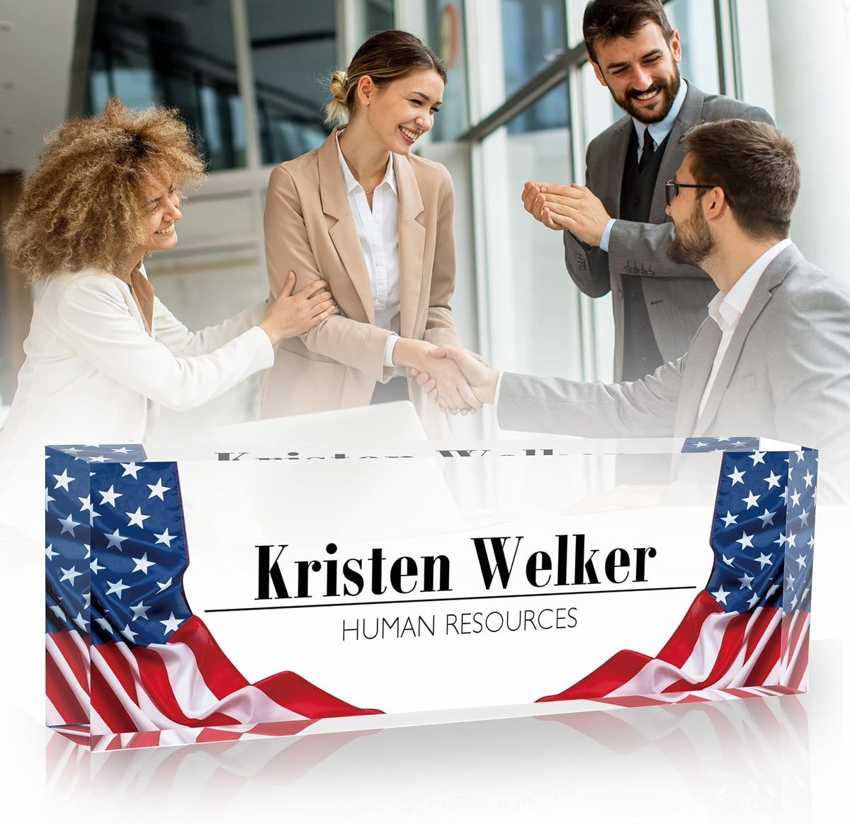 Name Plate for Desk, Desk Name Plate Personalized Office Desk Decor for Women Men, Acrylic Desk Accessories with US Flag, The Office Gifts Employee Appreciation Gifts for Boss, Manager, Teacher, Nurse