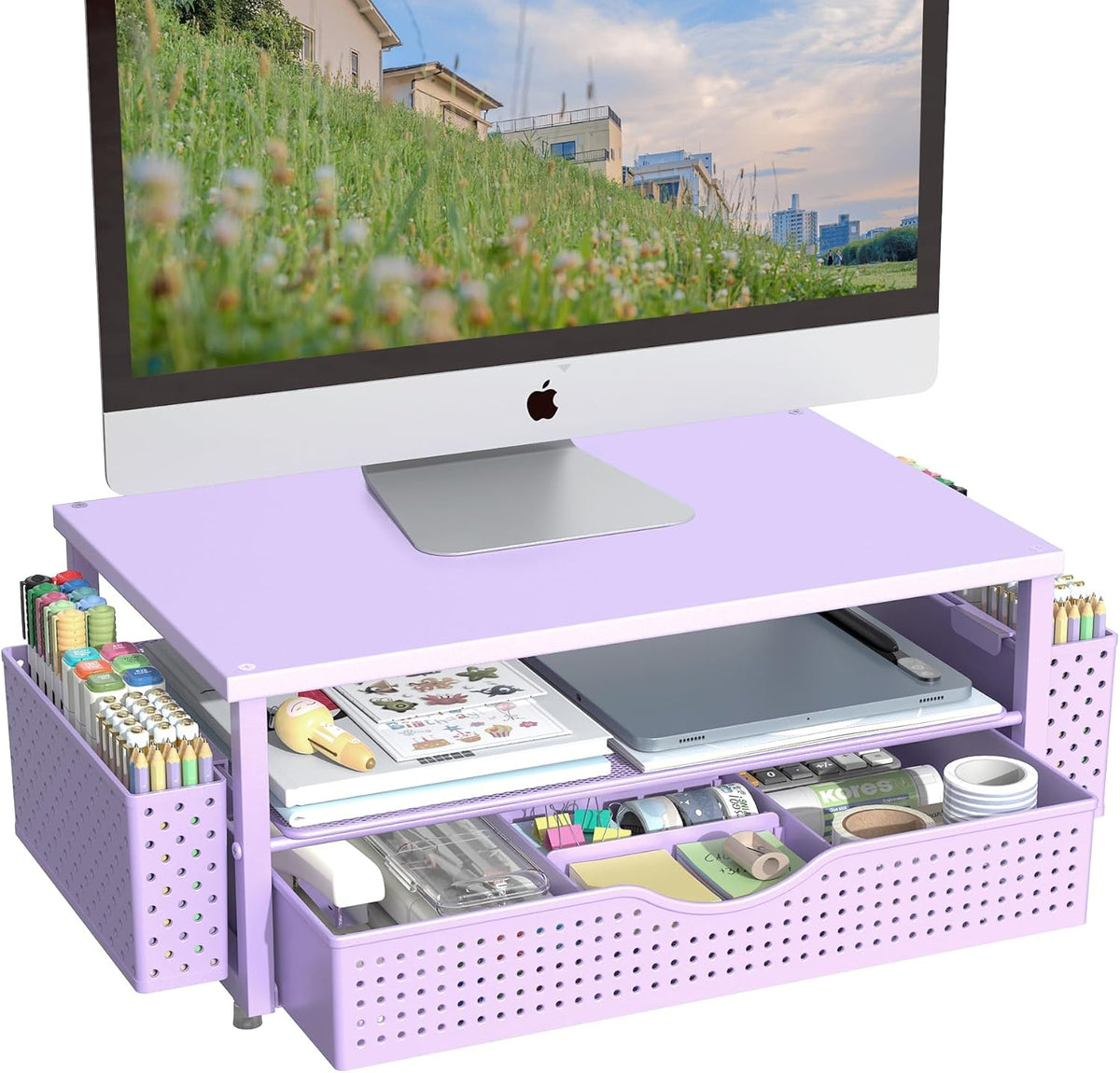 Desk Organizer and Accessories, Computer Monitor Stand Riser with Drawer and 2 Pen Holders, Office Desk Accessories & Workspace Organizers for Office Supplies (Purple)
