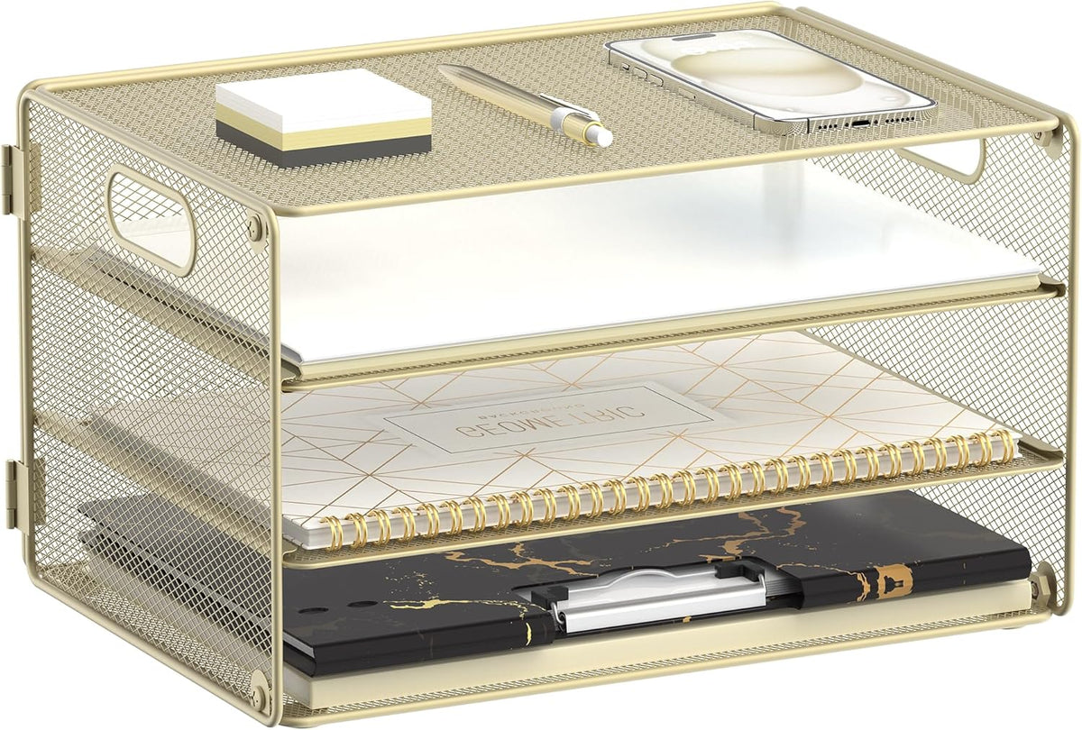 DALTACK 3 Tier Letter Tray Paper Organizer with Handle, Mesh Desk File Organizer, Paper Tray Desk Organizer for School Office Home, Metal Mesh, Golden Yellow